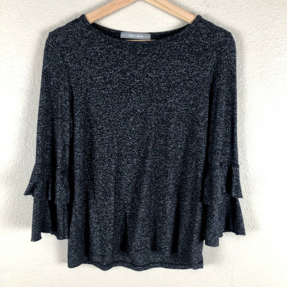 Coin 1804 Shirt Black White Space Dye Crew Ruffled Layered Sleeve Size Medium - Picture 1 of 12